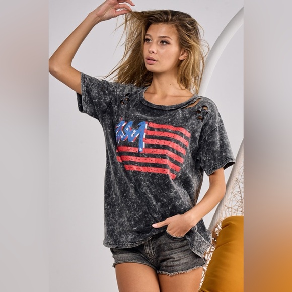 BiBi US Flag Washed Laser Cut T-Shirt - Picture 3 of 3
